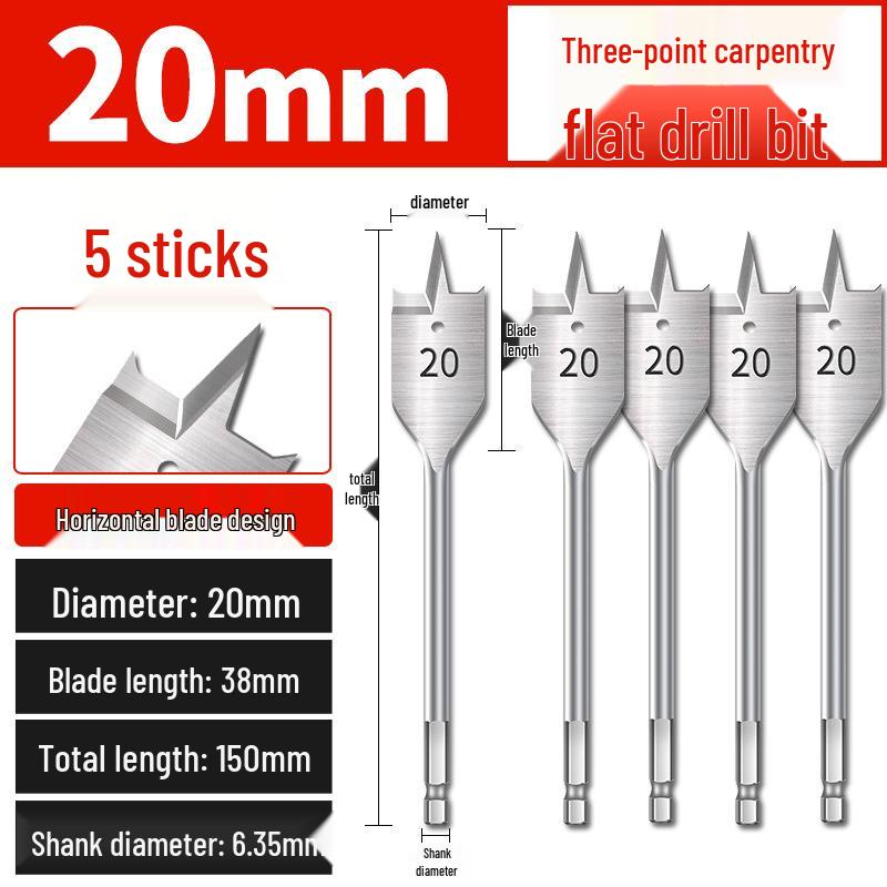 Hex Shank Flat Drill Set for Woodworking: 3-Point Blade for Lock Hole & Drawer Door Enlarging