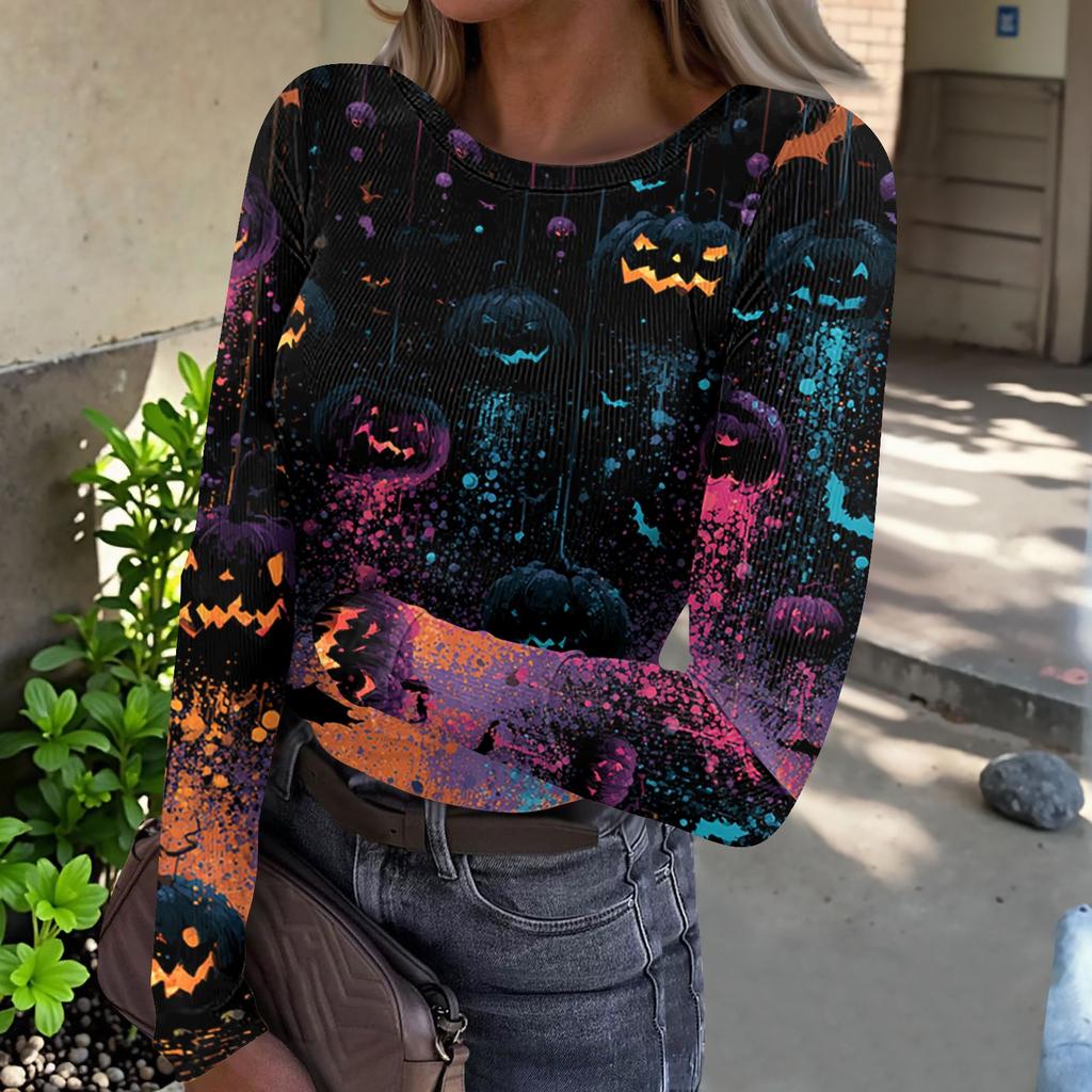Women's Casual Long Sleeve Ribbed Knit Top Halloween Print Round Neck Slim Fit Stretchy Pullover Shirt for Fall Season