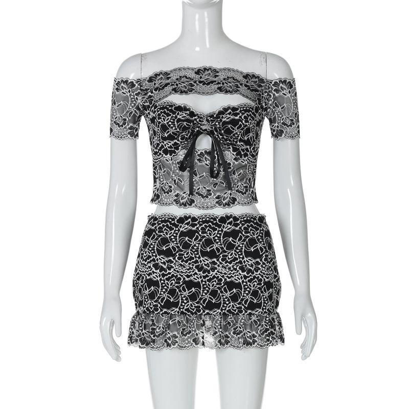 

Shemoda Сексуальный полупрозрачный кружевной сексуальный костюм Женский топ с вырезами на плечах и кулиской, юбка, комплект из двух предметов Black L