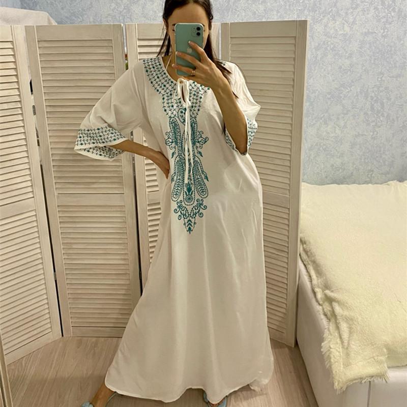 Embroidery Kaftan Beach Tunic Cotton Beach Cover Up Saida De Praia Swimsuit Women Bikini Cover Up