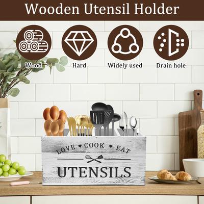 Holz-Utensilienhalter Küchen-Kochutensilien-Organizer mit 4 Fächern und ablaufendem Boden Besteckkasten für Küchenaufbewahrung