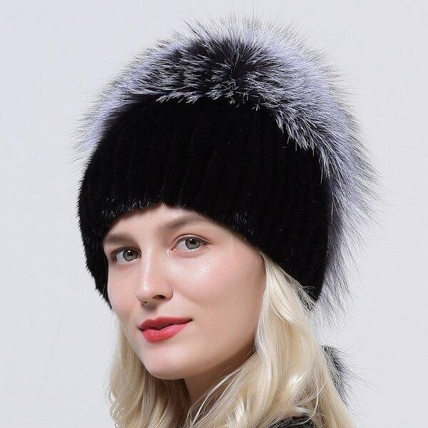 New Style Real Mink Fur Hat fluffy Winter Lady Natural Fox Fur Beanie Ball Hat Knit Warm Genuine Mink Fur Cap Luxury Women's Hat