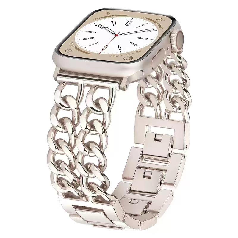 Compatible with Samsung Watch 5/6/7/8 & 7 Ultra, Stylish Metal and Denim Chain Double-Row Watch Strap for Huawei 3/4/5/6.