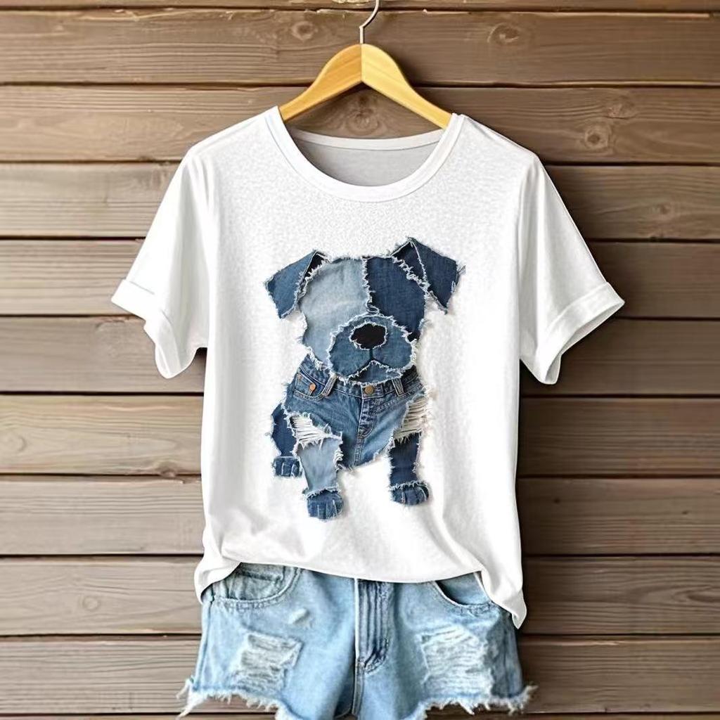 European & American 3D Printed Denim Pet Dog Round Neck Short Sleeve Women's Casual Loose Top, 2026 Style