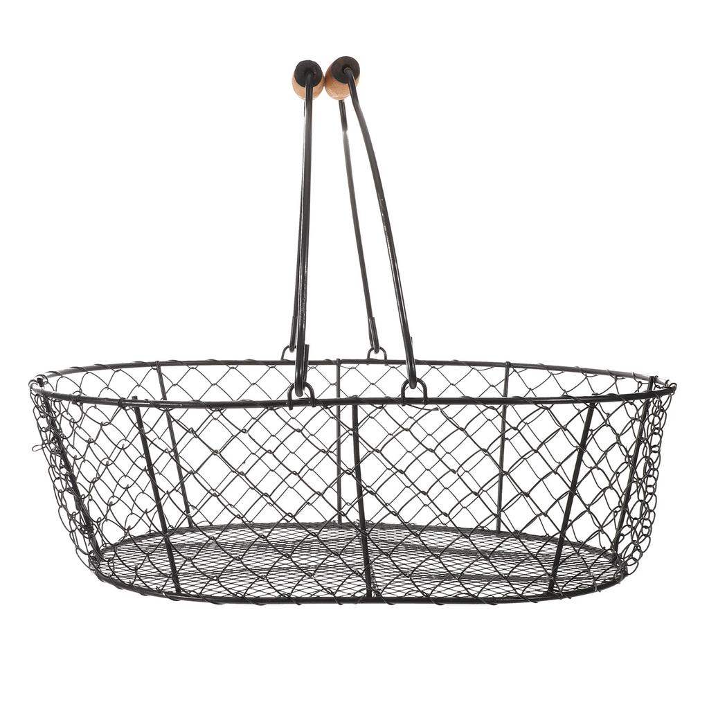 Rustic Wire Basket with Wood Handles Vintage Iron Construction Decorative Functional Storage Basket for Firewood Eggs Snacks