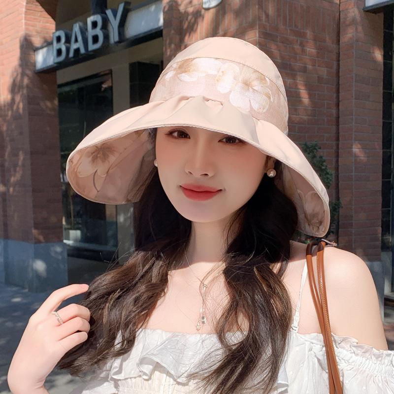 Summer Hat Women's New Printed Empty Top Hat Sunscreen Sun Hat Outdoor Travel Visor Bucket Hat Foldable