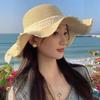 Straw Hat With French Lace Bow And Wave Edge For Beach Sun Protection