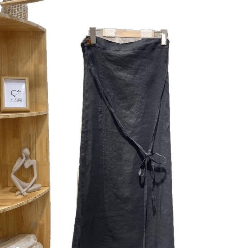 2025 Women's Tie-Waist Cotton Linen A-Line Midi Skirt - Solid Color, Retro, Versatile Design
