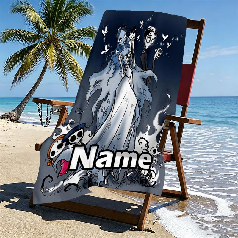Custom Name Personalized Corpse Bride Print Beach Towel, for Trip Camping Beach Party Home Decor, Birthday Gift for Family & Friends