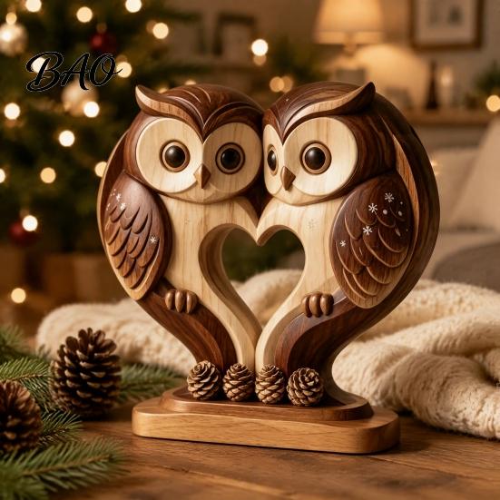 Hand Polished Wood Decor Wooden Animal Ornament with Stable Base, Double Layer Carved Figurine, Rustic Crafts for Office Heart Shape Sculpture