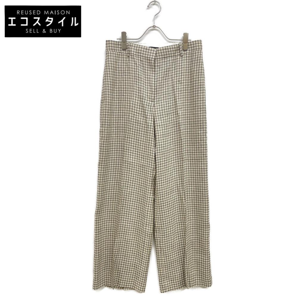 Theory 25Stainless Steel 01-5106411 Cream Linen X Rayon Linear Check Straight Trousers Bottoms 6 Ivory Black CheckUsed
