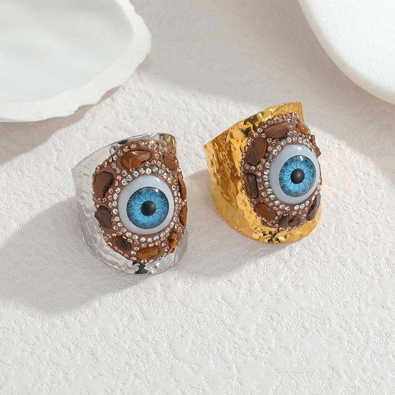 European & American Style Rhinestone Wide Band Eye Ring for Women – Fashionable, Versatile, Exaggerated, Colorfast Titanium Steel.