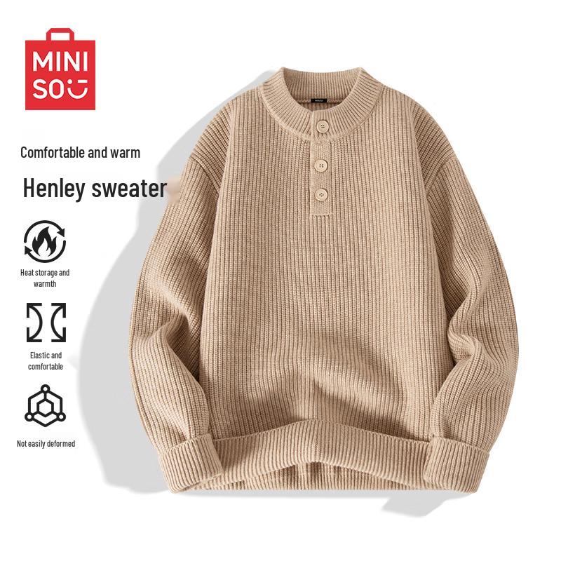 

MINISO Men s American Retro Henley Collar Pullover Sweater XL