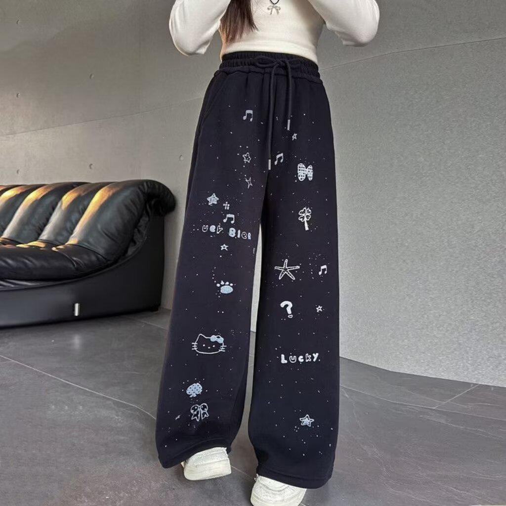 Girls' Black Velvet-Lined Sweatpants - Autumn/Winter 2025 Collection - Straight Leg Style for Older Children and Junior High Students