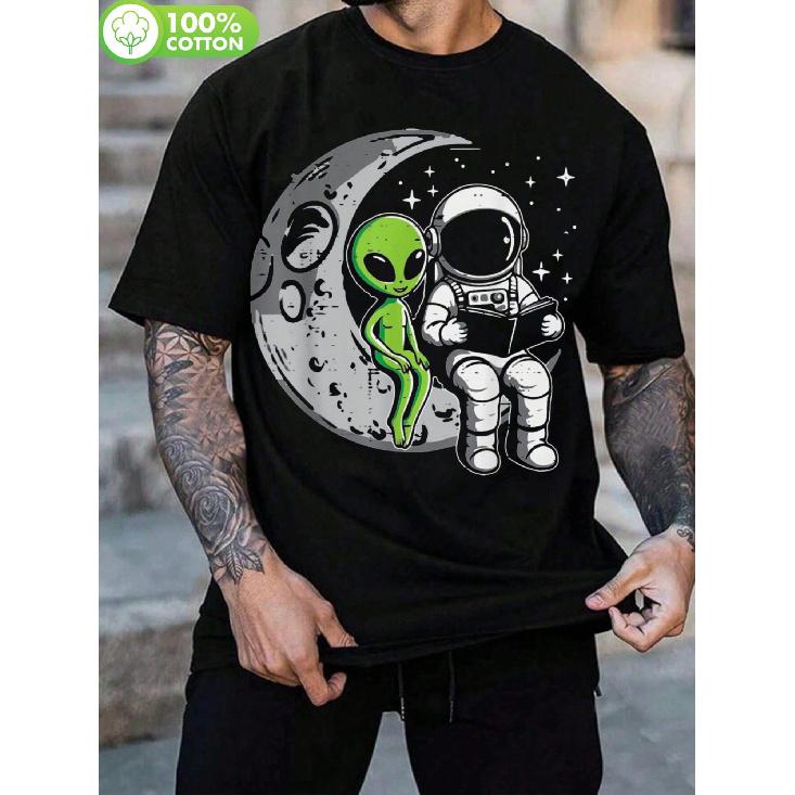 Men s Soft Breathable 100% Cotton Space Graphic Tee - Alien & Astronaut Moon Design Loose Fit Shirt in Black/Green/White Color Block for Everyday & S чёрный