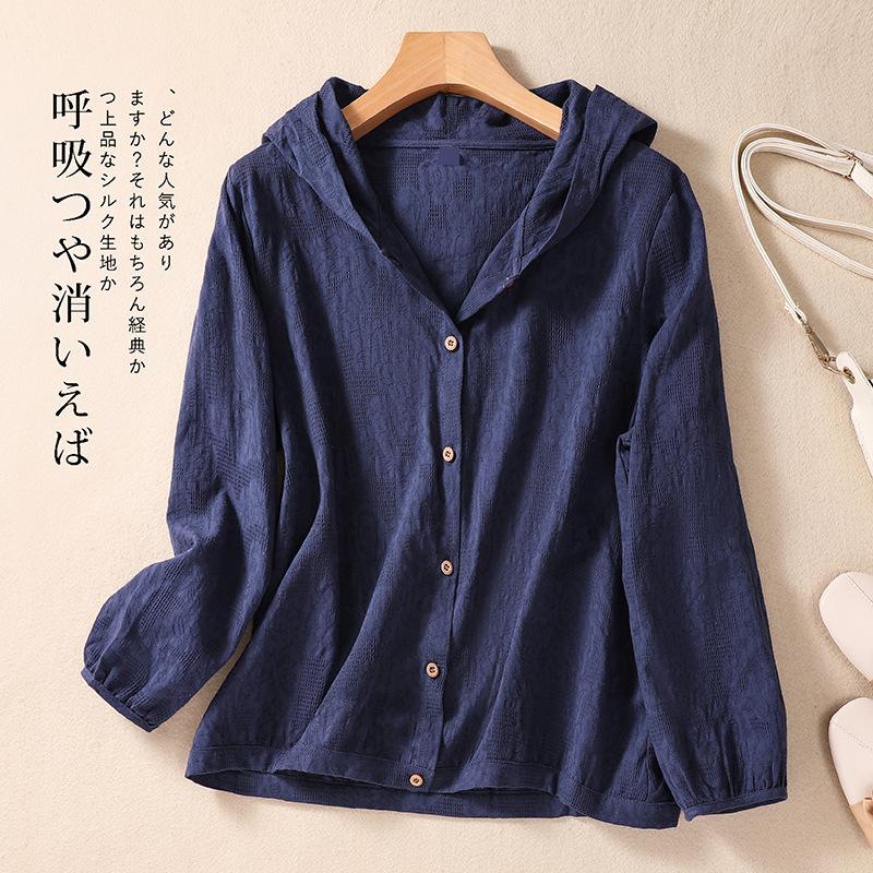 Summer Fashion Women's Premium Cotton Hollowed Out Long Sleeve Hooded Sun-protection Shirt Female Simple Sun-proof Clothing