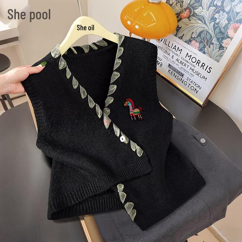 Women s Color-block V-Neck Knitted Vest with Irregular Hem One Size