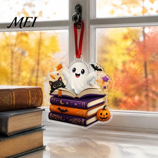 Holiday Party Decoration Halloween Reading Ghost Hanging Ornament, Acrylic Holding Book Pumpkin Festive Decorations Black Cat Mummy Decor, 2D Cartoon