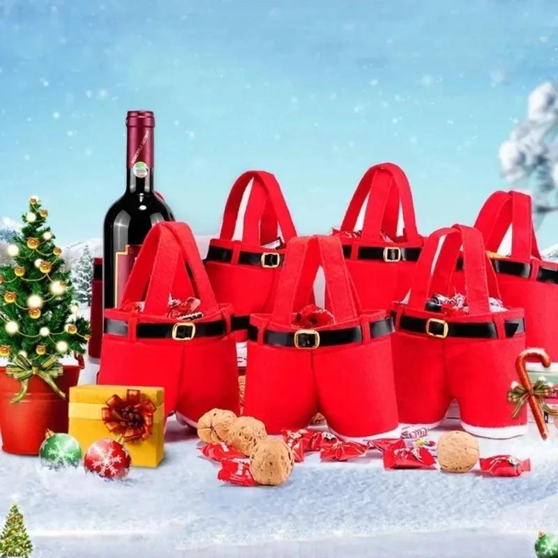Festive Santa Claus Christmas Gift Bags Reusable Cute Candy Treat Tote Bags Holiday Wine Bottle Packaging Party Favor Supplies