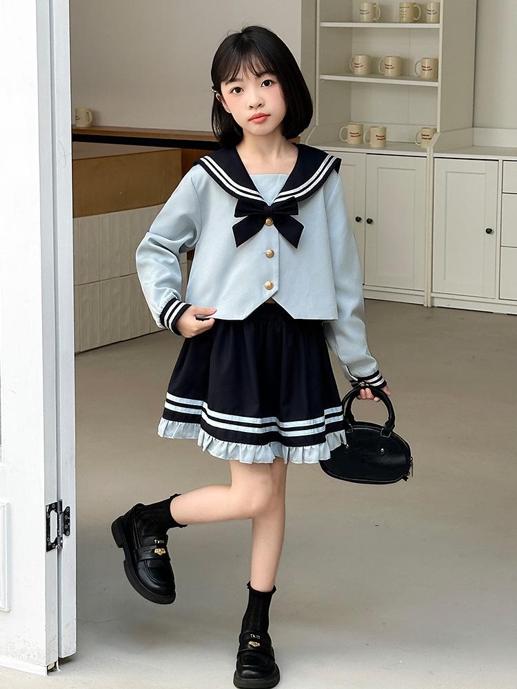 Girls' College Style JK Suit - Spring/Autumn 2025 Back-to-School Two-Piece Set (Shirt & Skirt)