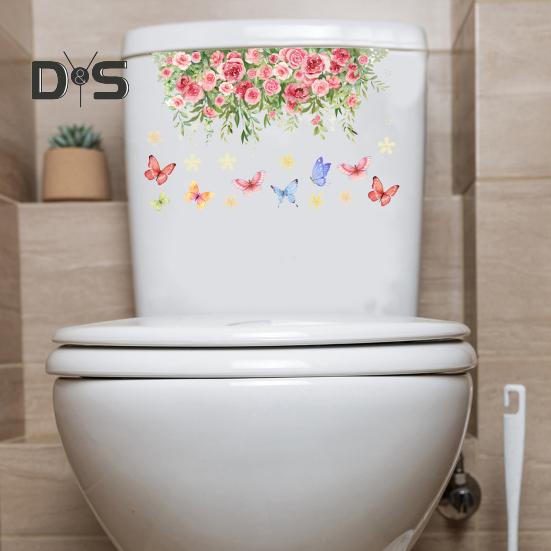 Colorful Flower Butterfly Toilet Sticker Removable Self-adhesive Waterproof PVC Living Room Bathroom Wall Art Floral Toilet Lid Decoration Decal