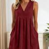 Rochie casual de vară din in pentru femei, fără mâneci, cu decolteu în V, rochie de soare lejeră, croială A, tip maiou, midi, cu buzunar