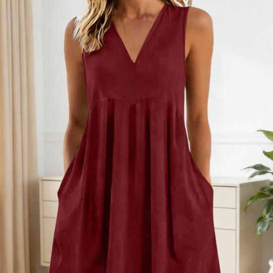 Rochie casual de vară din in pentru femei, fără mâneci, cu decolteu în V, rochie de soare lejeră, croială A, tip maiou, midi, cu buzunar