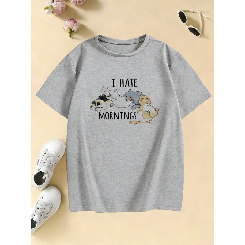 Summer Spring Kids I Hate Morning Cat Printed T Shirts Kids Children's T-shirt Boys Girls Casual Top Tee