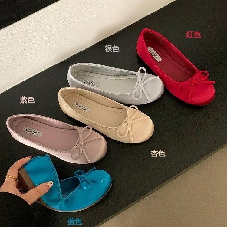Fashion Fashion Silk Women Ballet Flats Shoes Luxury Designer Shallow Female Round Toe Butterfly-Knot Ladies Slides Shoes