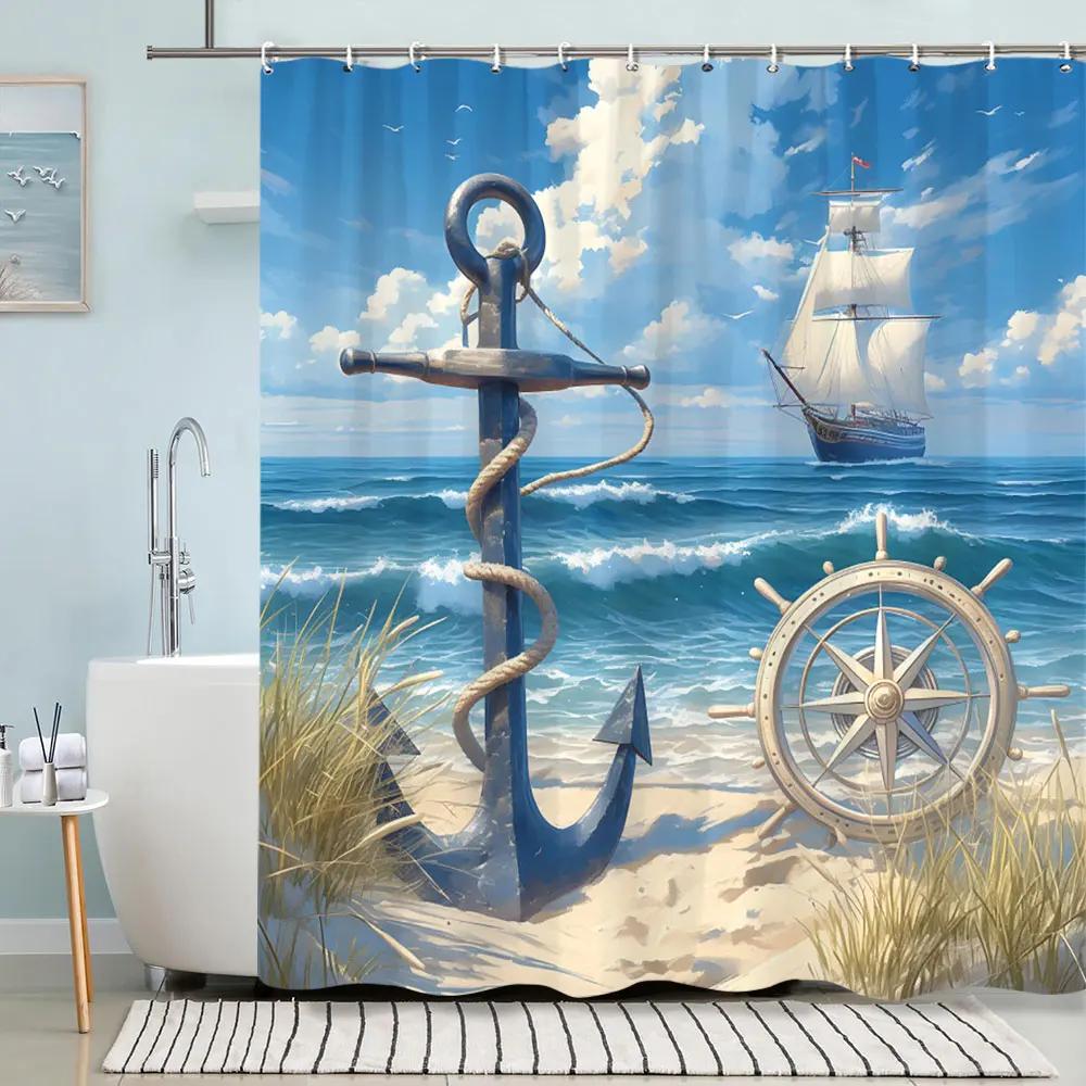 Turtle Shower Curtain Summer Beach Anchor Nautical Starfish Watercolour Art Creative Polyester Shower Curtains Bathroom Decor
