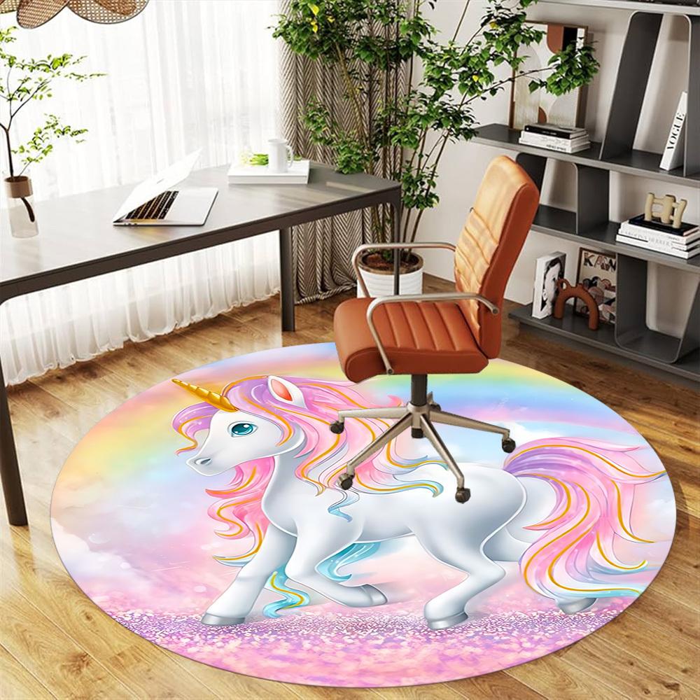 1pc Unicorn Rainbow Round Chair Mat Area Rug - Non-Slip, Floor Mat for Office, Bedroom, and Indoor Decor C1125209