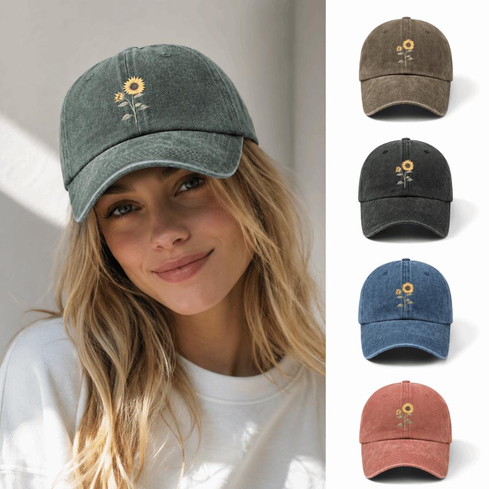 Sunflower Printed Baseball Cap Washed Cotton Sun Hat Vintage Dad Hat  For Women Man