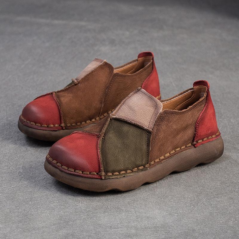 

Johnature Ретро Туфли на плоской подошве смешанных цветов из натуральной кожи, удобные, с круглым носком, женские слипоны 37 красный