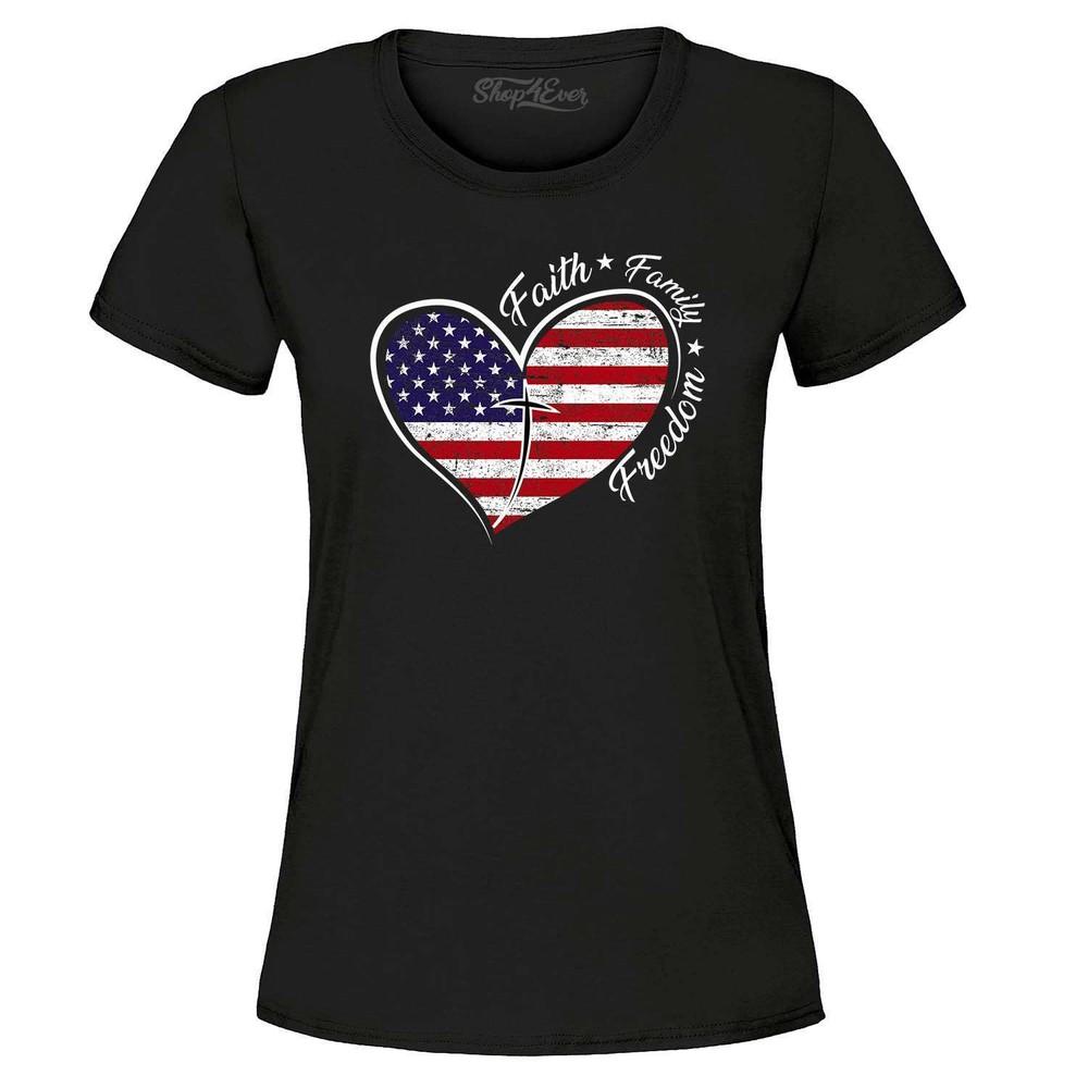 Faith Family Freedom American Flag Heart Women's T-Shirt 4th of July Shirts