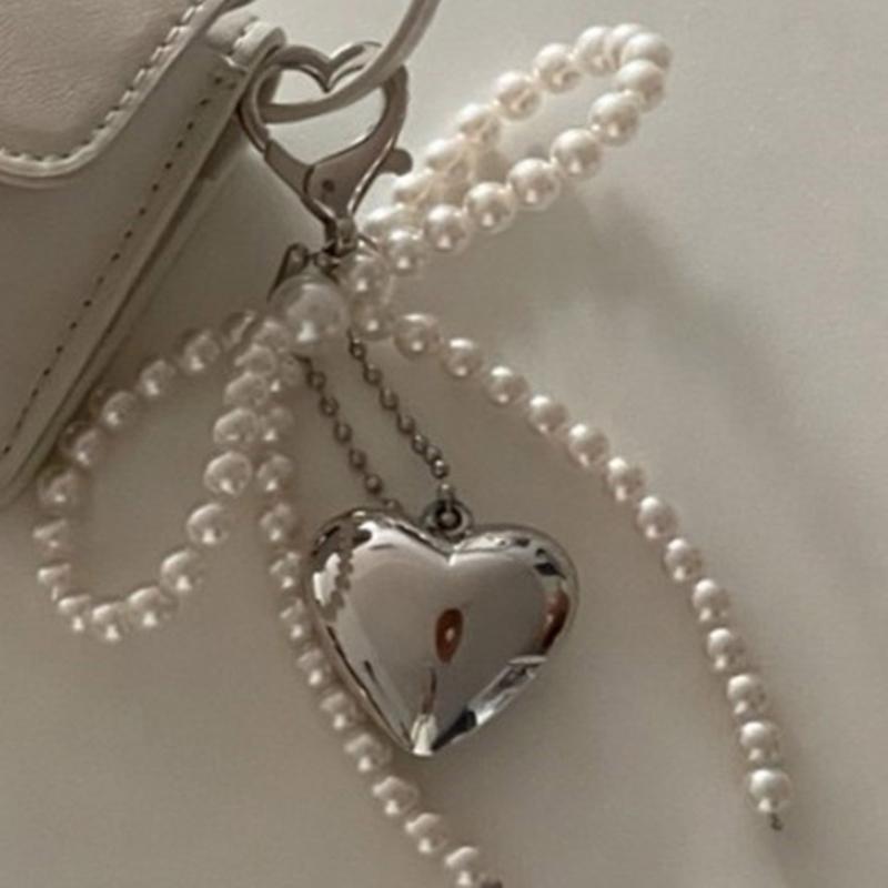 Chic Imitation Pearl Keychain Handmade Bow Shaped Keyring Heart Pendant Keyrings