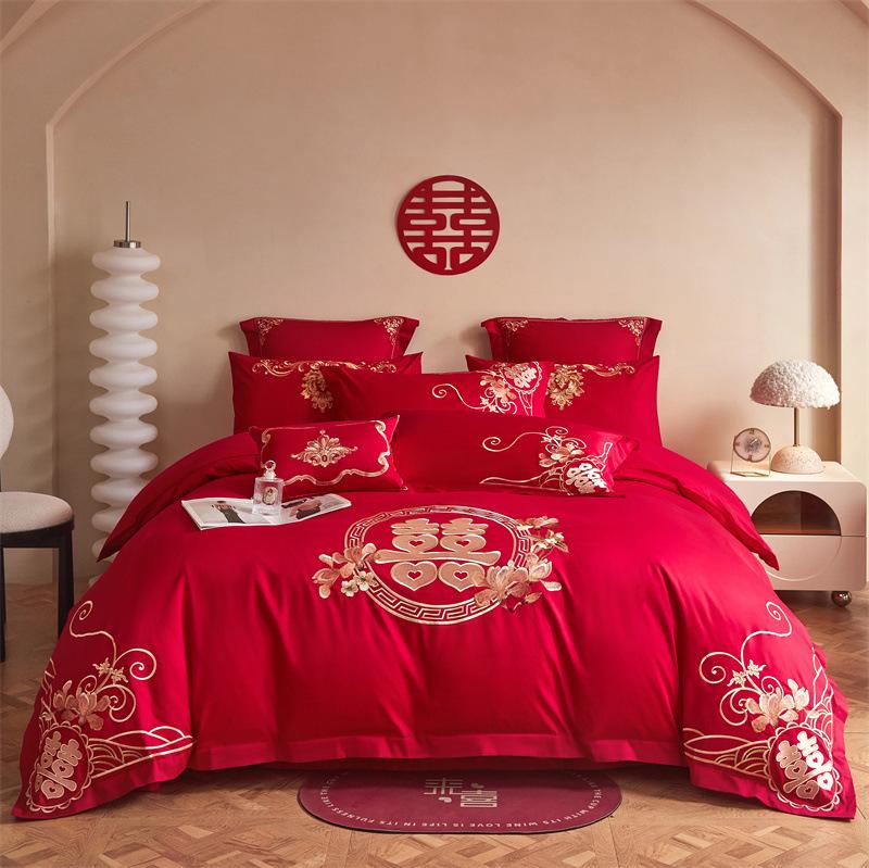 High-End Long-Staple Cotton Wedding 4Pcs Set Chinese Wedding Wedding Kit Big Red Embroidery Pure Cotton Wedding Bedding