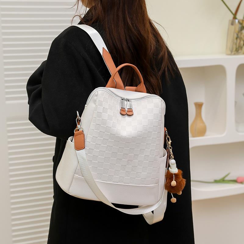 Новый женский рюкзак большой вместимости повседневный в клетку многоцелевой ПУ рюкзак белый