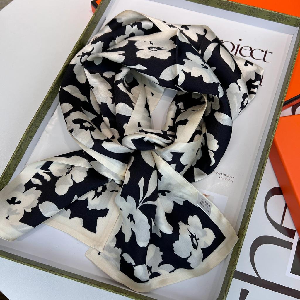 ! Black And White Small Floral Double-Sided Silk Scarf, Spring And Autumn Double-Layer Scarf, Mulberry Silk Scarf, Long Streamer