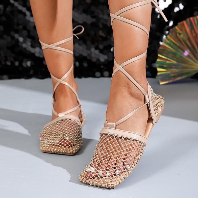 Fashion Fashion Cross Thin Belt Sandals Summer New Square Head Shallow Mouth Rhinestone Mesh Cloth Breathable Soft Sole Flat Shoes