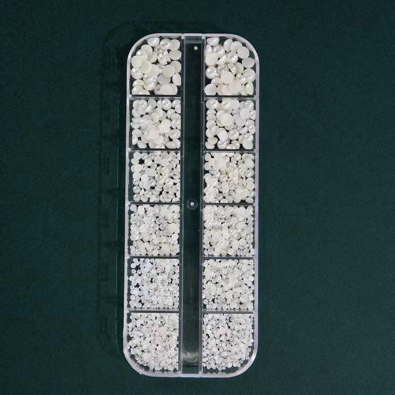 24-Grid Nail Art Pearl Rhinestones: Half & Full Round Off White and Pure White Mix