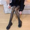 Women's Black Semi-Sheer Nylon Stockings with Fleece Lining - Perfect for Autumn and Winter with Faux See-Through Feature