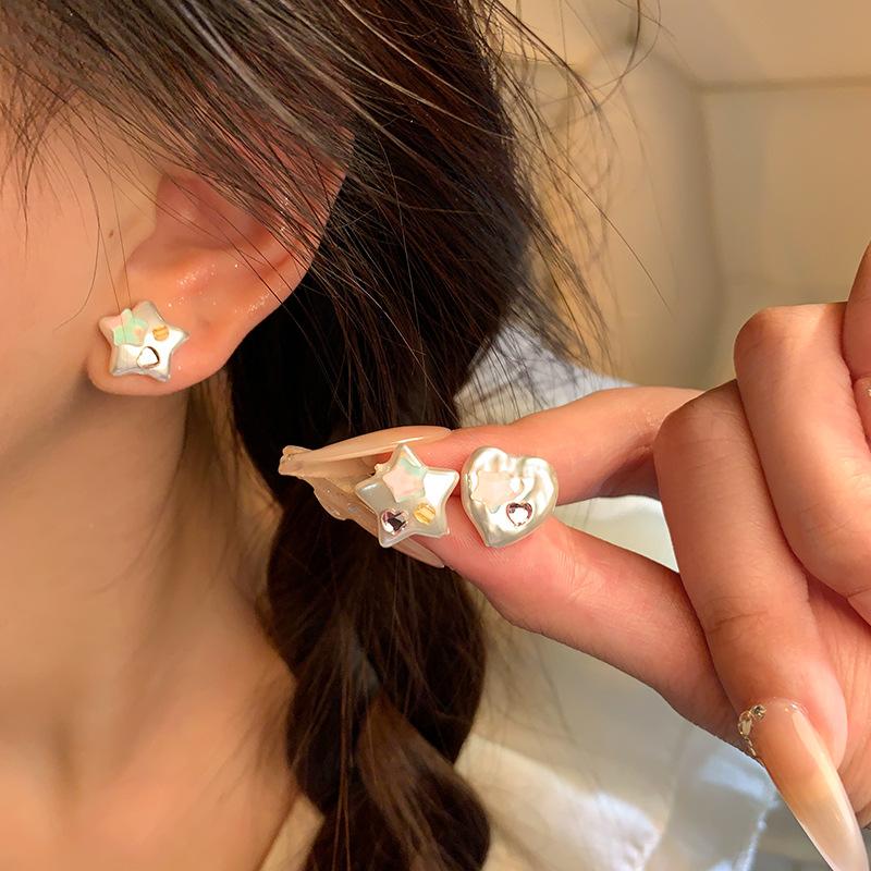 Silver needle colored diamond love star stud earrings women in the wind sweet niche versatile hot girl earrings cold ear jewelry