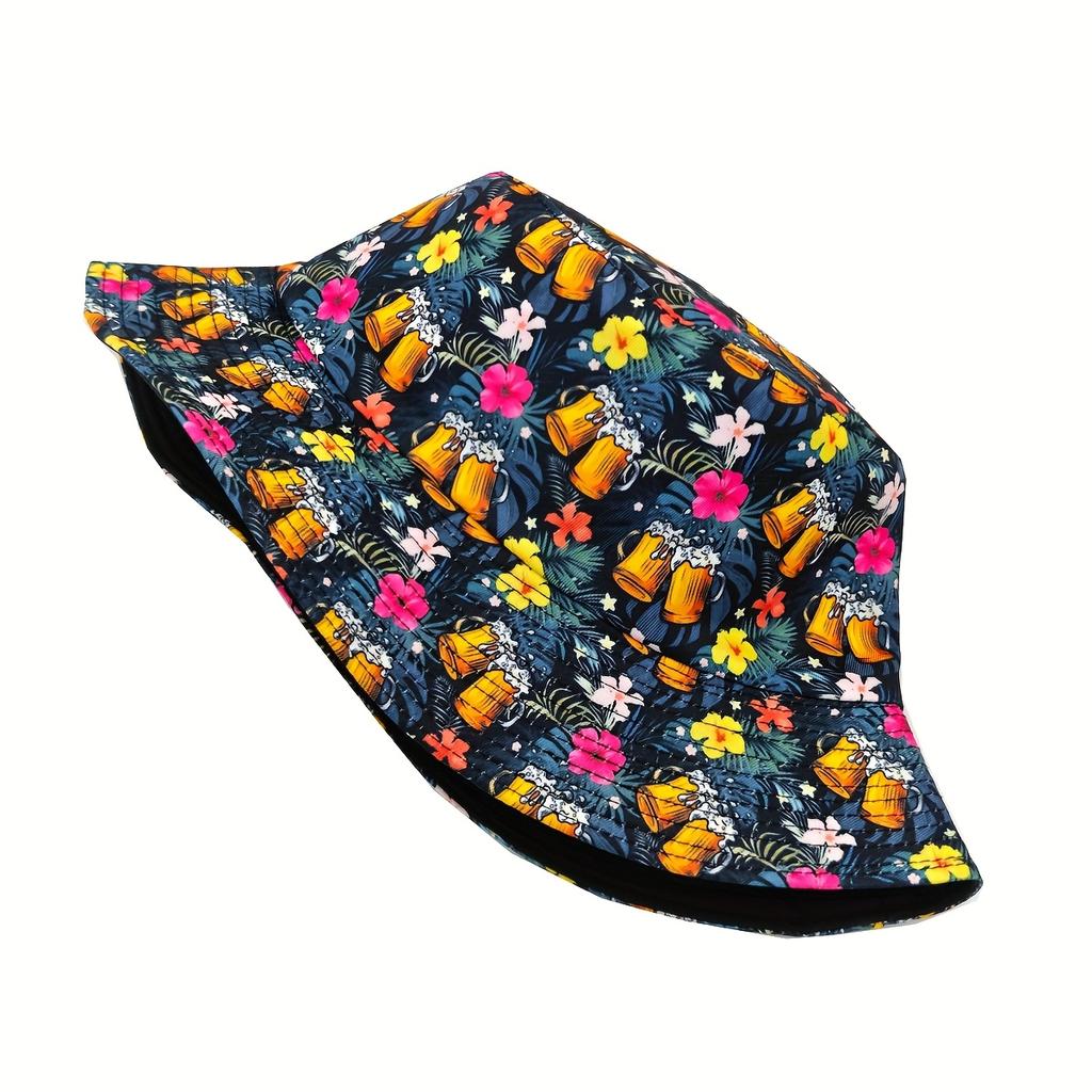 Spring-Summer Casual Floral Beer Pattern Printed Bucket Hat, Unisex Outdoor Vacation Sunshade Reversible Bucket Hat