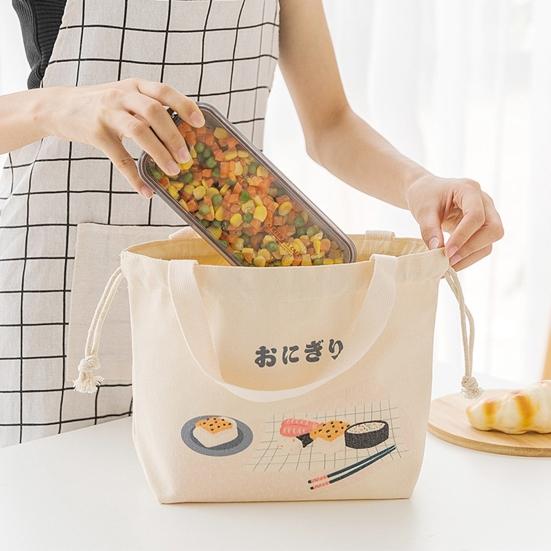 Portable Japanese Style Canvas Large Capacity Thick Lunch Pouch Bento Tote Bag
