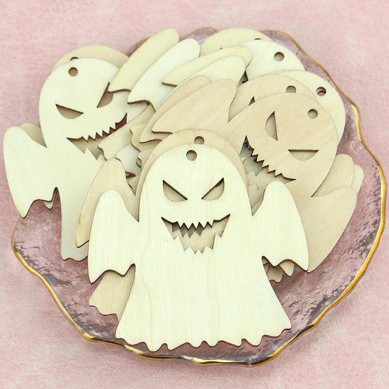 (10pcs/pack) 8cm Halloween DIY Wooden Ghost Decoration Pendant Festival Party Scene Decorations Props Accessories DIY