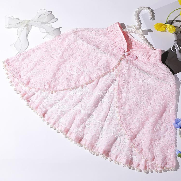 Chinese Mandarin Collar Floral Lace Cape Shrug Pearl Trim Short Bolero Wrap For Wedding Cheongsam Evening Prom Dress