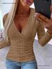 Women's Autumn Ribbed Knit V-Neck Slim Fit Long Sleeve Button Pullover