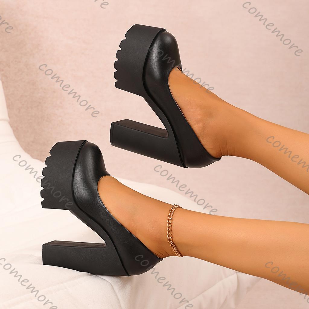 Comemore 2025 New Spring Autumn Super High Heel Women Shoes Sexy Patent Leather Round Head Pumps Platform Thick Heeled Shoes
