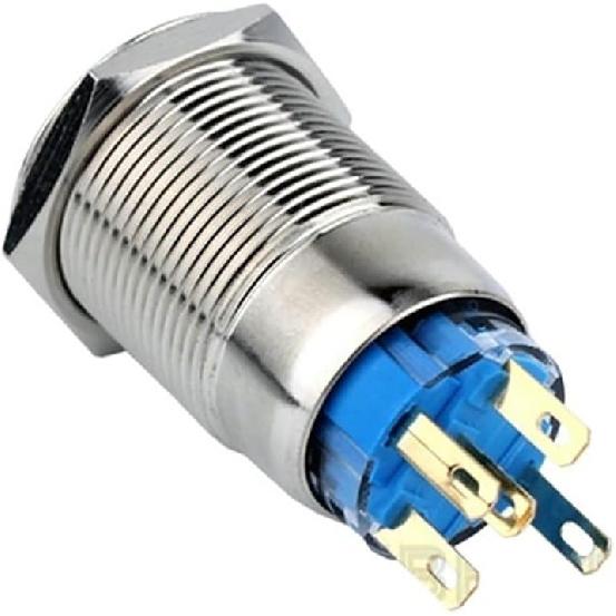 19S Ring LED 19mm Stainless Steel ON Off Flat Head resettable 12V Ring led 1NO1NC Push Button Switch(Blue LED,12V)