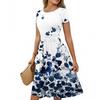 Women's Casual Fashion Round Neck Pleated Short Sleeve Retro Floral A-Line Midi Dress